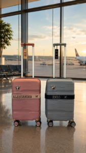 Home 50 Mala de viagem identificada com faixa personalizada e tag de bagagem em aeroporto